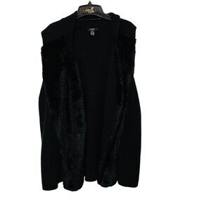 Alfani‎ Womens 3X Black Faux Fur Trim Open Front Knit Vest